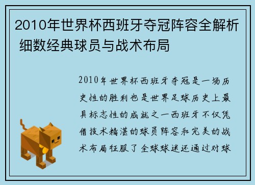 2010年世界杯西班牙夺冠阵容全解析 细数经典球员与战术布局